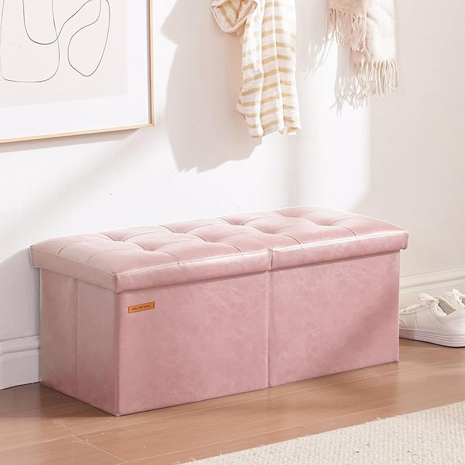 HAUSFRAU 31.5 Inches Ottoman with Storage Bench, Folding Ottoman Bench Small Foot Rest Stool, Bedroom Bench with Flipping Lid, Faux Leather Pale Pink