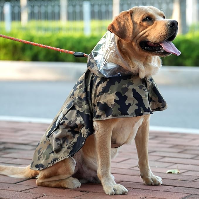 Waterproof Dog Raincoat, Adjustable Reflective Lightweight Pet Rain Clothes with Poncho Hood(X-Large,Camo)
