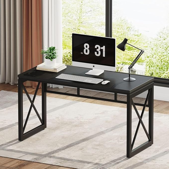 BON AUGURE Black Computer Desk, Modern Gaming Desk, Industrial Wood Office Desks, Sturdy Writing Desks for Home Office, Living Room, Study Workstation, Bedroom (Black, 54 Inch)