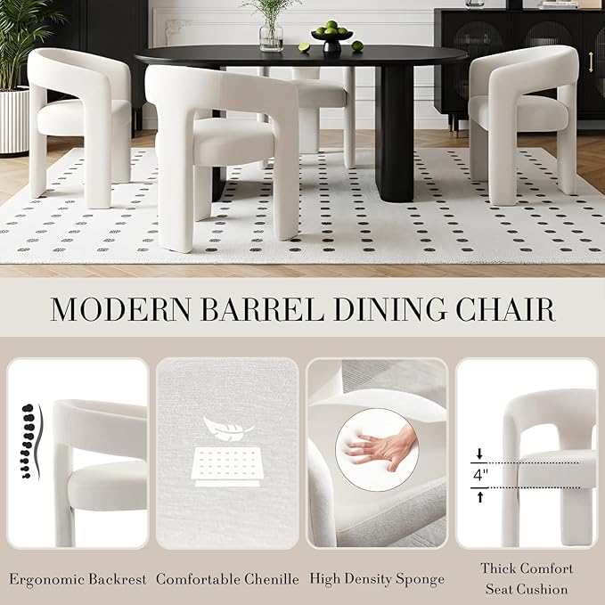 Modern Chenille Dining Chairs Set of 2, Upholstered Barrel Chairs with Arms Comfy Accent Side Chairs for Living Room/Dining Room/Reception, Beige