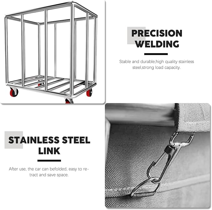 Commercial Laundry Cart on Wheels, 11.35 Bushels Large Roller with Removable Waterproof Canvas Lined Basket, Heavy Duty Stainless Steel for Hotels and Hospitals