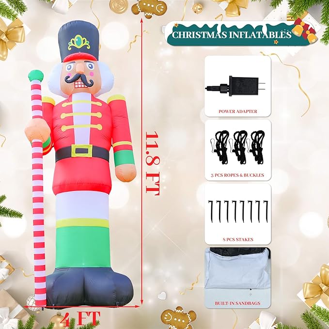 VCUTEKA Christmas Inflatables Outdoor Decorations, 11.8FT Nutcracker Soldier, Blow Up Christmas Decoration with Built-in LED Lights, Animated Inflatable Yard Decor for Holiday Lawn Garden Xmas