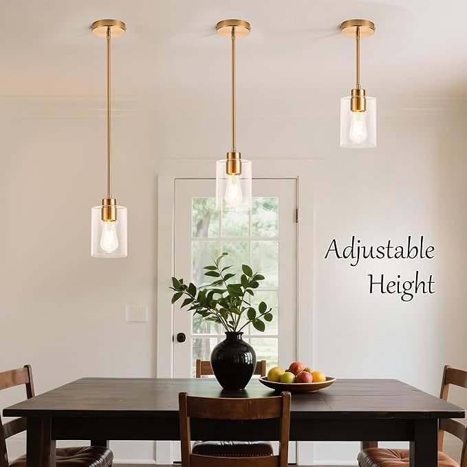 MAYNA 1-Pack Brushed Brass Drop Light, Modern Mid Century Cylinder Pendant with Bulb, Adjustable Rods Gold Finish Ceiling Lamp for Bedroom, Living Room Corner