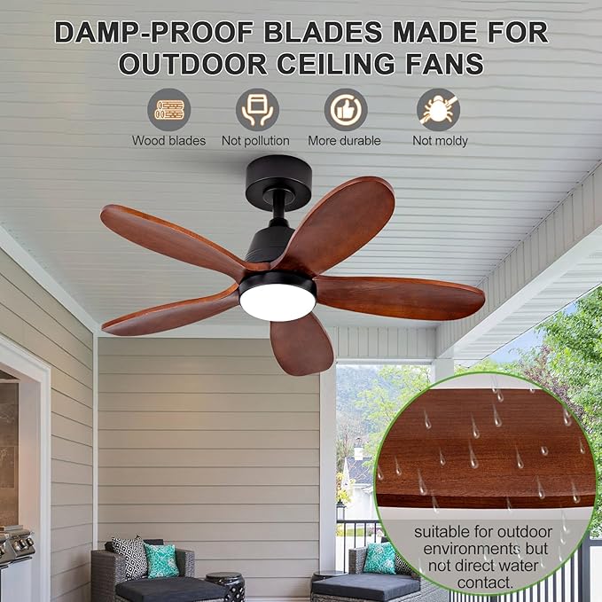 36 Inch Wood Ceiling Fans with Lights and Remote, Modern Ceiling Fan with Light, 5 Blades, Dimmable, Wall Switch, Reversible DC Motor, Memory Function, Indoor Outdoor for Bedroom Patio