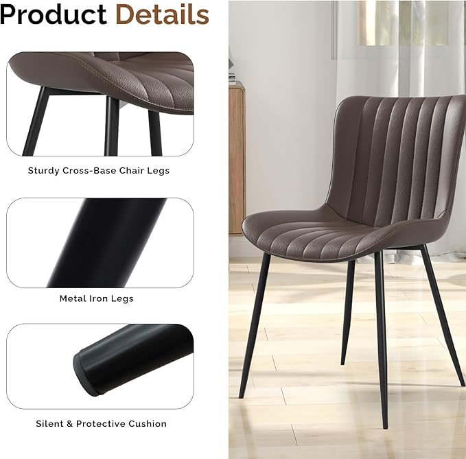 Dining Chairs, Modern Dining Room Chair 16 inch Leather with Wooden and Metal Frame, Set of 2 (Brown)