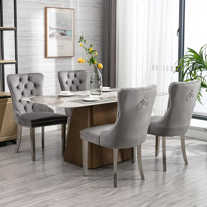 Luxury Upholstered Dining Chairs Set of 8, Grey Kitchen Chair with Silver Metal Legs, Velvet Tufted Back Dining Chair, Sillas de Comedor, Modern Kitchen & Dining Room Chairs (Gray, 8 Pcs)