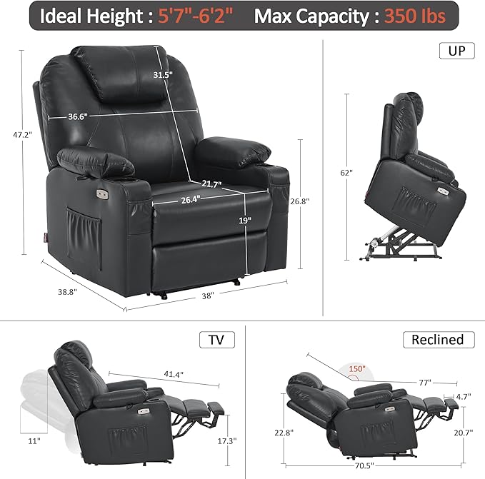 MCombo Oversized Power Lift Recliner Chair for Elderly, Lift Chair with Heat and Massage for Big and Tall, USB&Type C Ports, Cup Holders, Faux Leather R7510 (Black, Large-Wide)