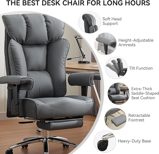 Efomao Desk Office Chair, Ergonomic Office Chair with Adjustable Headrest & Lumbar Support, PU Leather Back Computer Desk Chair for Home Office or Gaming, Swivel Height Adjustable Task Chair