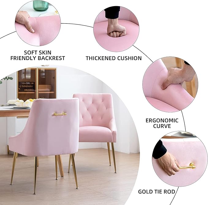Modern Dining Chairs Set of 4, Mid Century Dining Chairs with 5.12” Cushions and Golden Legs, Velvet Upholstered with Back Pull Rod, for Kitchen, Living Room, Pink
