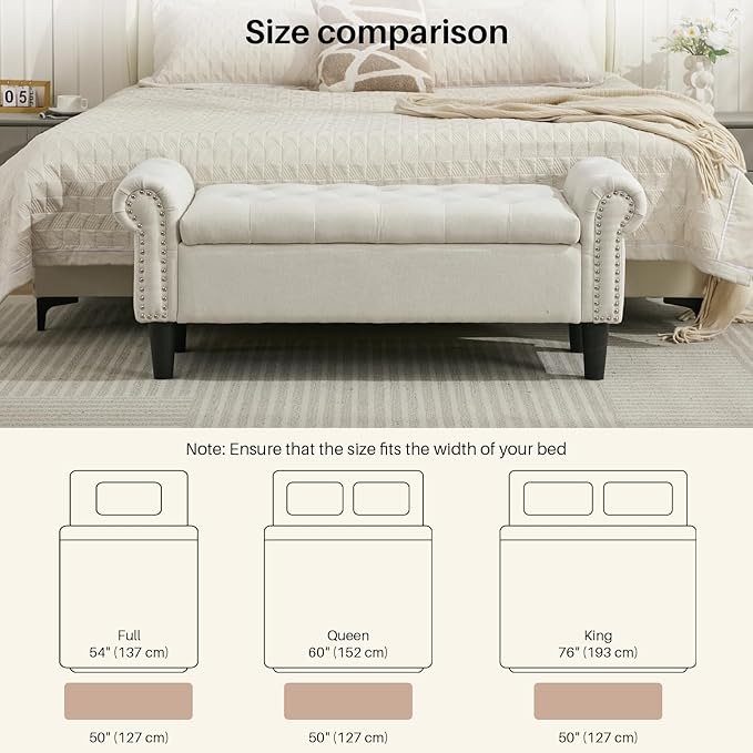 Storage Bench, 50" Queen End of Bed Bench, Linen Tufted Button Upholstered Bedroom Bench, Storage Ottoman with Rolled Arms, Window Bench with Storage, for Living Room, Entryway Beige