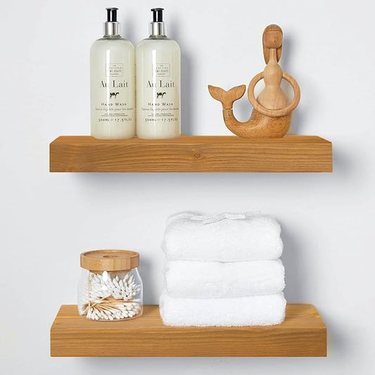 Homeforia 16 inch Golden Oak Floating Shelf, High End Solid Real Wood 16inch Small Floating Shelves for Wall Mounted, Oak Wooden 16in Floating Shelves, Heavy Duty Bracket, 16 X 6.5 X 1.75 in, Set of 3