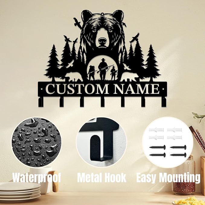 Personalized Custom Name Bear Key Wall Hooks,Metal Bear Keys Clothes Hooks,Metal Bear Wall Home Storage Decorative,For Front Door, Hallway, Kitchen, Bedroom,Keys,Hats (Style E)