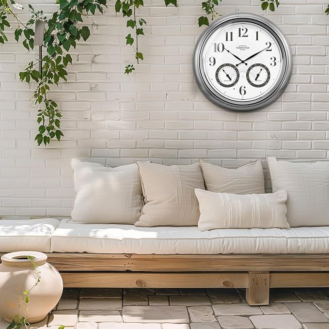 Presentime & Co 18" Illuminated in/Outdoor Atomic Clock with Smart Sensor and Night Light, Waterproof, Large Wall Clock with Thermometer & Hygrometer, for Garden and Patio, Silver.