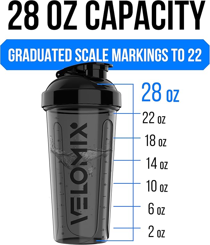 VELOMIX -6 PACK- 28 OZ Protein Shaker Bottles for Protein Mixes, Shaker Cups for Protein Shakes, Small Shaker Bottle Pack, Shaker Cup, Shakers for protein Shakes (Clear Core Set)
