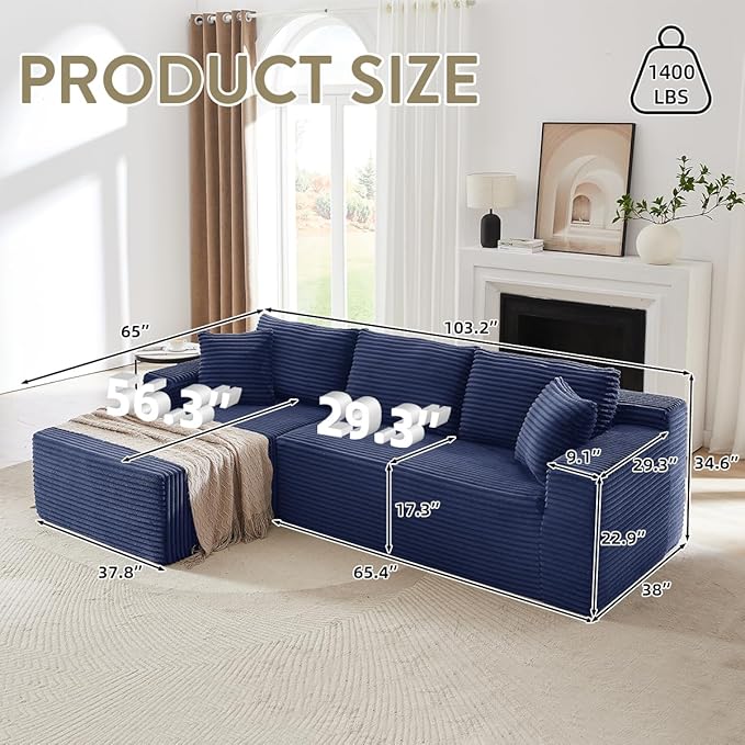 Modular Cloud Sectional Couch with L-Shape Chaise,Modern Upholstered Couches with Deep Seat,Corduroy Sponge Compressed Sofa for Living Room,No Assembly Required (Blue)