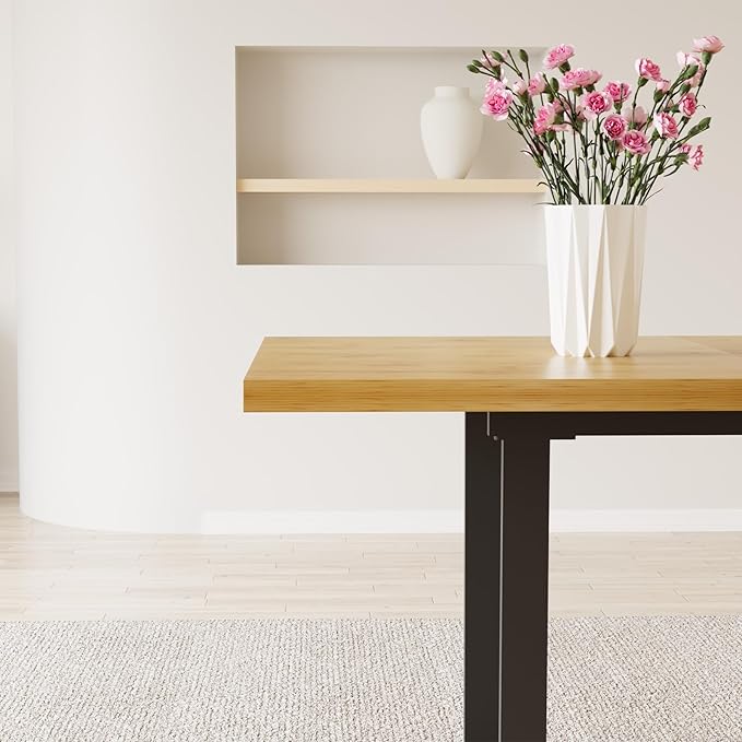 ZckyCine Modern Rectangular Dining Table for 4-6, Adjustable Wood Table with Metal Legs, Kitchen or Dining Room Table