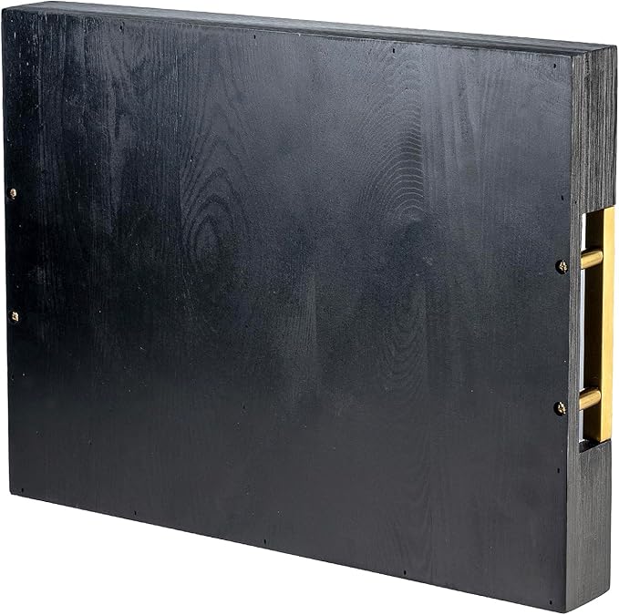 MyGift 15.5 Inch Decorative Ottoman Tray, Designer Vintage Black Solid Wood Serving Platter with Gold Tone Metal Handles, Coffee Table Kitchen Home Decor