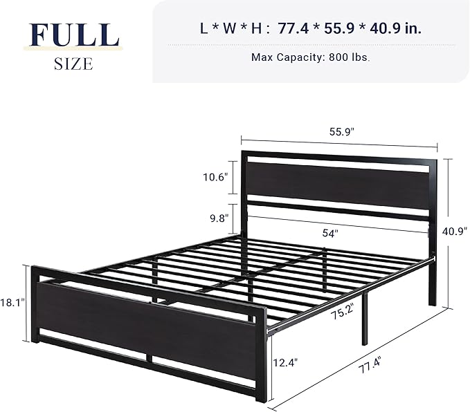 Allewie Full Bed Frame with Headboard, Heavy Duty Metal Platform Base with Strong Support, Underneath Storage Space, Stable Mattress Foundation, No Box Spring Needed, Black