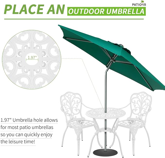 Outdoor Bistro Table and Chairs Set of 2, White Metal Patio Bistro Set, Cast Aluminum Bistro Set 3 Piece Outdoor with Umbrella Hole, 3 Piece Outdoor Bistro Set for Balcony Garden Porch