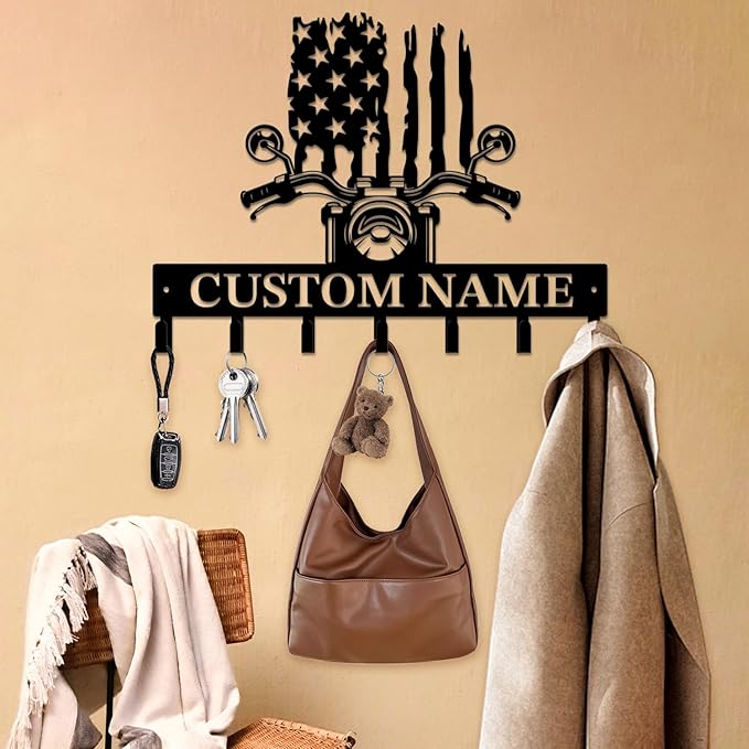Personalized Custom Name Motorcycle Keys Hooks,Metal Motorcycle Art Clothes Keys Hooks,Metal Motorcycle Lover Wall Home Storage Decorative Keys Hooks,Key Holder Hooks for Wall (Style G)