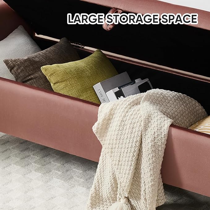 65" Storage Ottoman Bench, End of Bed Storage Bench King Size with Tufted Button Upholstered and Gold Legs, Bedroom Benches with Armrests for Living Room Window and Entryway, Rose Gold