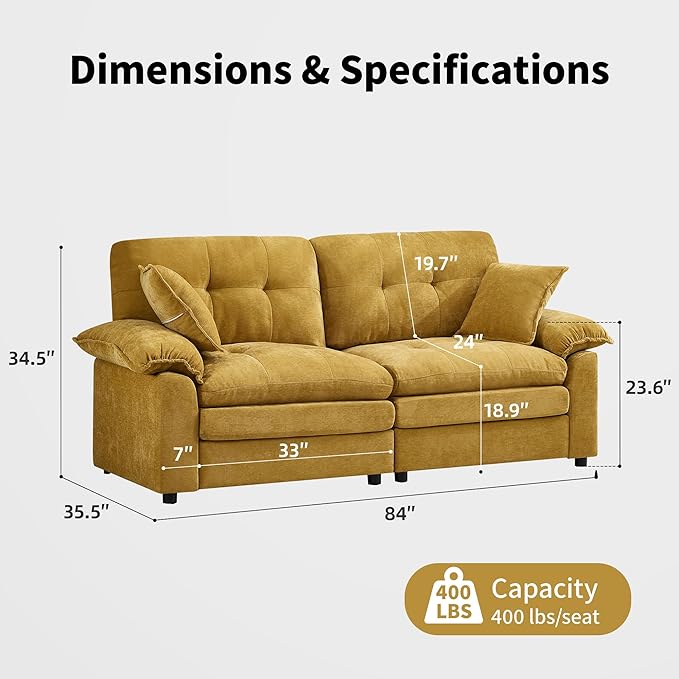 84" Loveseat Sofa, Modern Couches for Living Room,Double-Layer Cushion Cloud Couch with Deep Seat,Super Comfy Chenille Sofas,Sturdy Frame, Easy Assembly for Bedroom, Apartment, Office, Yellow