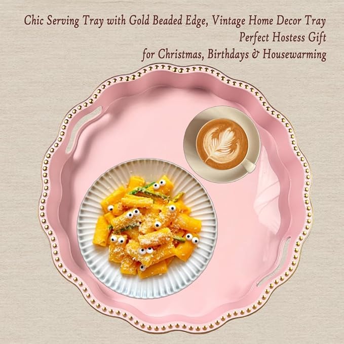 Pink Decorative Tray for Coffee Table, Wavy Scallop Beaded Plastic Serving Tray forKitchen Counter, Ottoman, Living Room, (13")