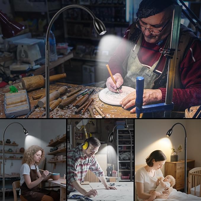 Reading Floor Lamp, 72" Tall LED Lamp with Flexible Gooseneck, Dimmable Zoomable Spotlight, Adjustable Color Beam Standing Lamp, Touch & Remote Control, Task Craft Bedroom Living Room, Matte Black