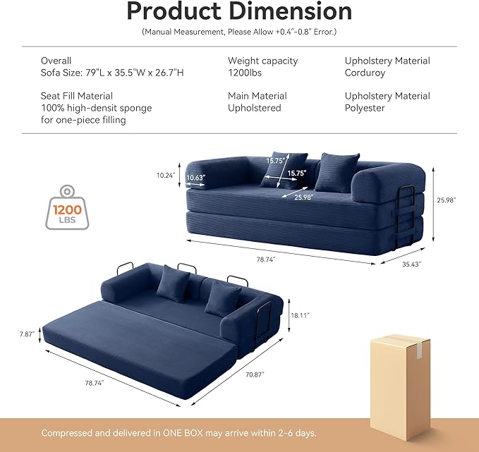 Convertible Sofa Bed with Cylindrical Pillow,Comfy Floor Sofa Bed Compressed Sofa in Box, Convertible Sofa Bed for Living Room Bedroom Lounge Studio, Comfy High Density Foam Mattress(Navy Blue)