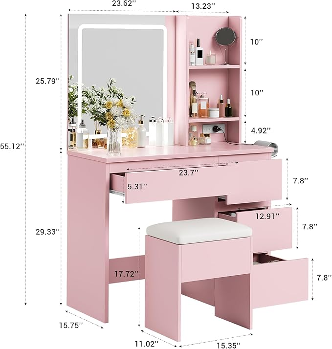 GarveeHome Vanity Desk with Mirror and Lights - Modern Makeup Dressing Table with Outlets, Storage Stool, 4 Drawers & Hair Dryer Holder - 3 Colors LED Vanity Mirror, Vanities for Bedroom, Pink