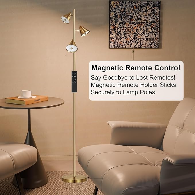 Tree Floor Lamp with Remote, Dimmable 3 Rotatable LED Lights, 5 Color Temperatures, 63" Modern Standing Lamp for Living Room, Bedroom, Office Reading Light (Bronze)