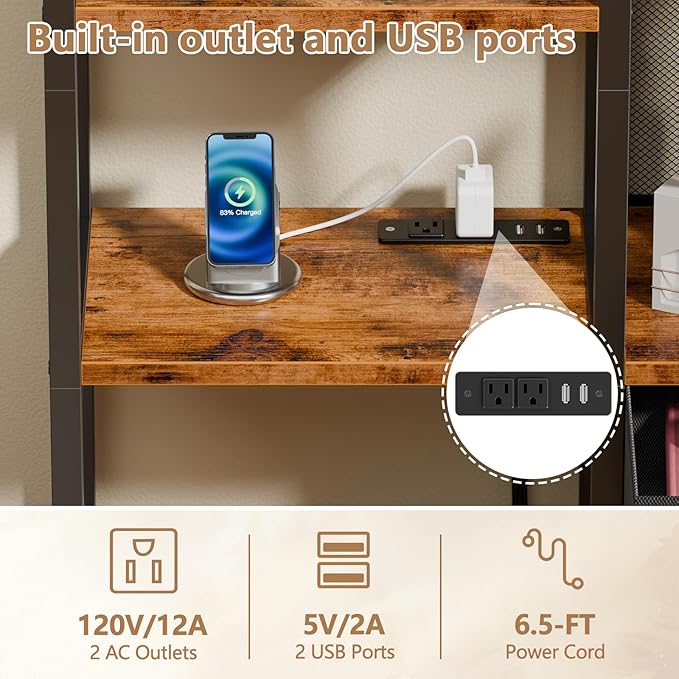 Furologee Bookshelf with USB Ports and Outlets, Shelf with Drawer, Industrial Display Shelves with Charging Station, 6 Tier Storage Shelves for Bedroom, Living Room, Home Office, Rustic Brown