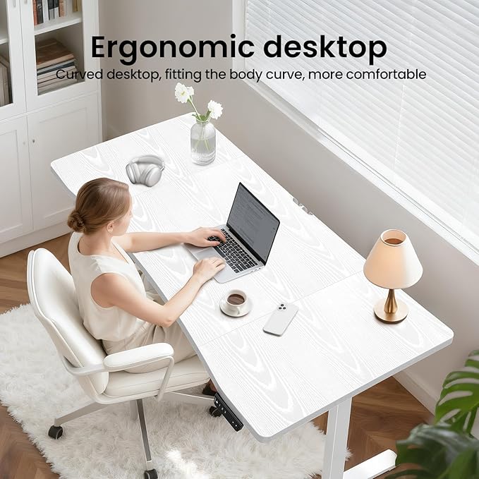 Veken 63 x 28 Inch Electric Standing Desk, Sit to Stand Up, Work Home Office Computer Table for Study, Walking Pad, Writing, and Games, Wooden Desktop Desks, White