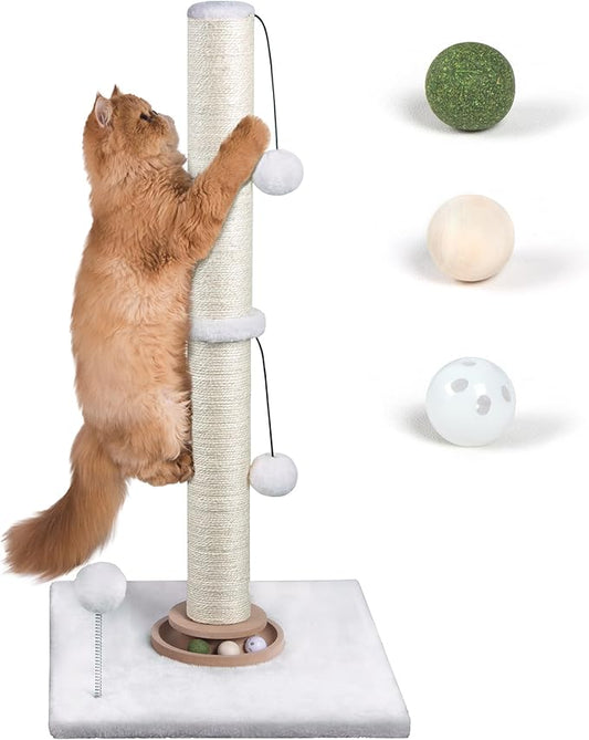 31" Cat Scratching Post Kitten Toys for Indoor Cats, Interactive Cat Scratcher with Catnip Balls, Sisal Scratch Rope for Large Cats, White