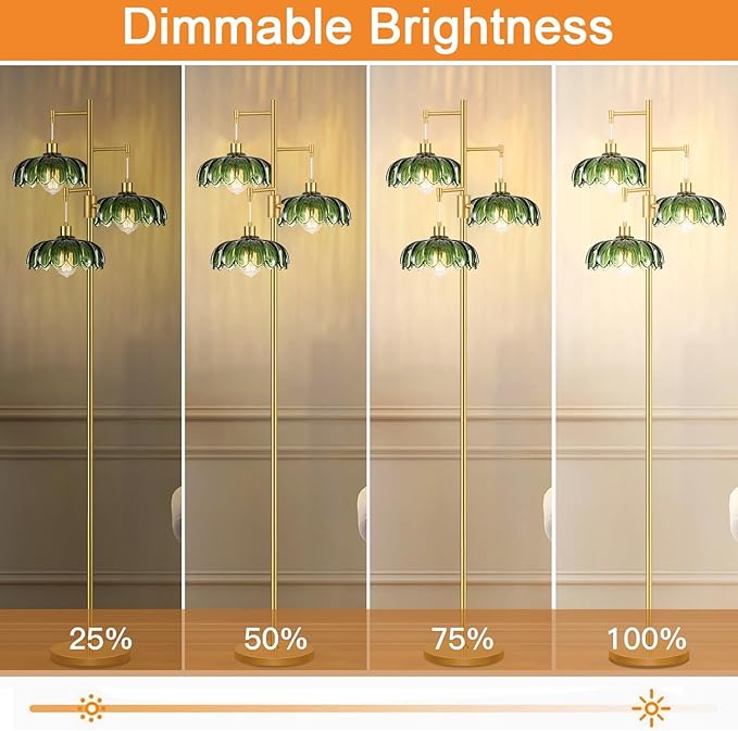 Vintage Floor Lamps for Living Room Bedroom-3 Light Dimmable Gold Floor Lamp with Glass Lampshape, Flower Tall Lamp Modern Mid Century Standing Lamp Green Tree Floor Lamp for Bedroom Corner