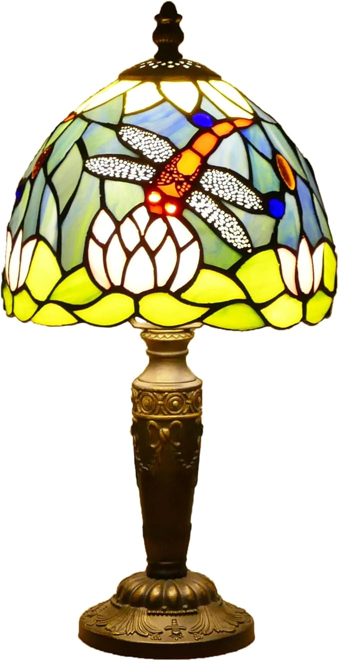 Tiffany Lamp Stained Glass Table Lamp 7.9X7.9X14.2 Inches Dragonfly and Lotus Style Desk Reading Light
