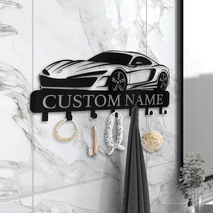 Personalized Key Holder Wall Mount - Custom Key Rack Wall Mount with Hooks, Metal Key Rack Organizer, Car Design Key Hanger, Coat Rack, Wall Mounted Decor for Entryway, Front Door, Office