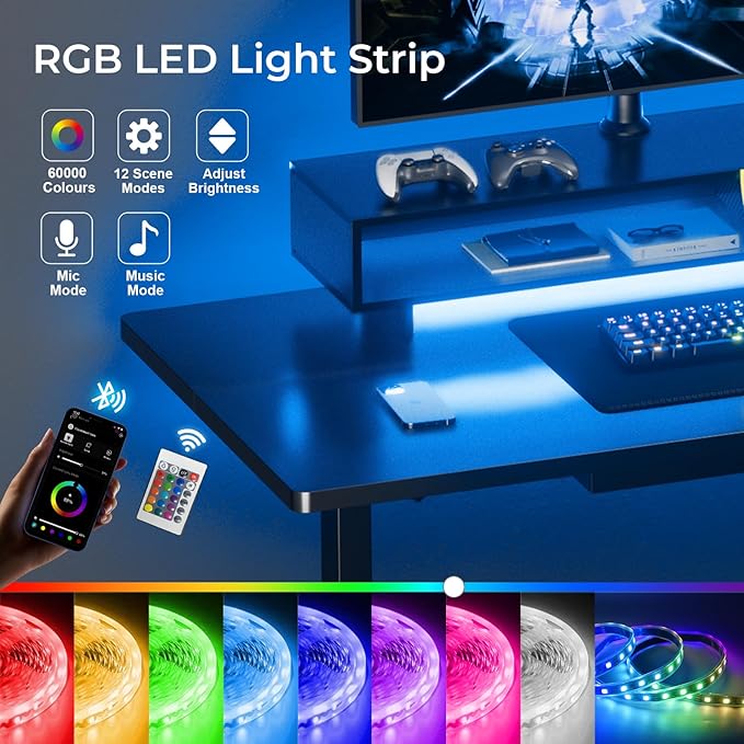 GTPLAYER Electric Standing Desk with Drawers, 48 x 24 Inch Height Adjustable Gaming Desk with Monitor Stand, Power Outlets & LED Lights, Home Office Sit Stand Up Desk with Memory Preset (Black)