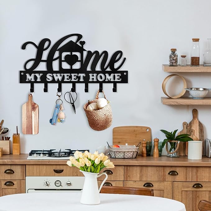 Personalized Sweet Home Key Holder - Black Metal Key Hanger Wall Decorative, Organizer with Hooks, Housewarming Gifts