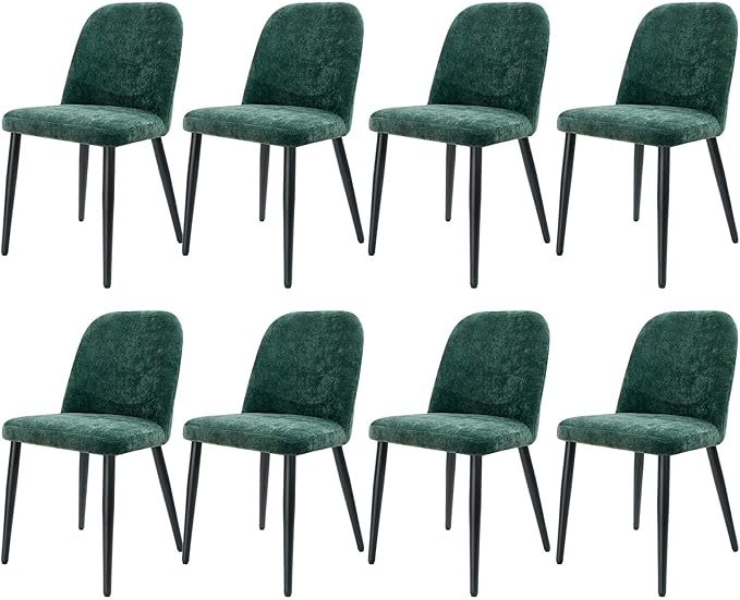 Upholstered Dining Chairs Set of 8, Mid Century Modern Fabric Dining Room Chair High-Back Padded Kitchen Chairs with Padded Seat and Metal Legs for Kitchen Dining Room Restaurant Cafe, Green