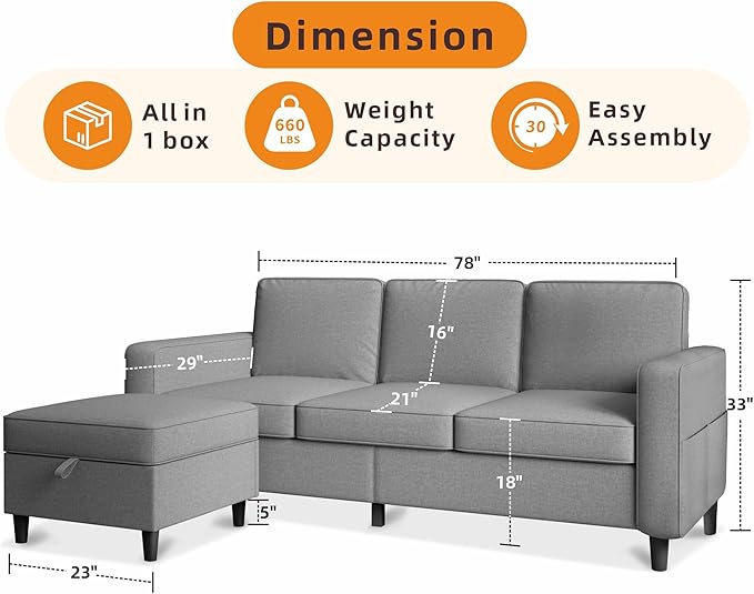 Sectional Sofa Couches for Living Room, 78'' Light Grey 3 Seater L-Shaped Couch with Storage Ottoman, Comfy Fabric Convertible Sectionals Sofas with Chaise for Apartment, Office, Small Space