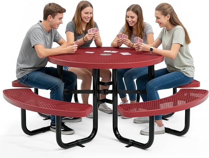 Metal Picnic Tables for Outdoors with Umbrella Hole - Coated Steel Heavy Duty Commercial Grade Furniture Set with Adjustable Seats (Red, 46 in, Round, Expanded Steel)