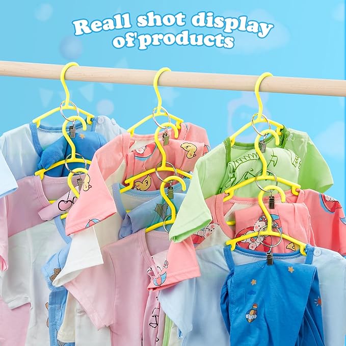 Baby Hangers with Metal Ring Clips, Children Plastic Hanger for Kids Pants Clothes Closet, 20 Pack, Yellow