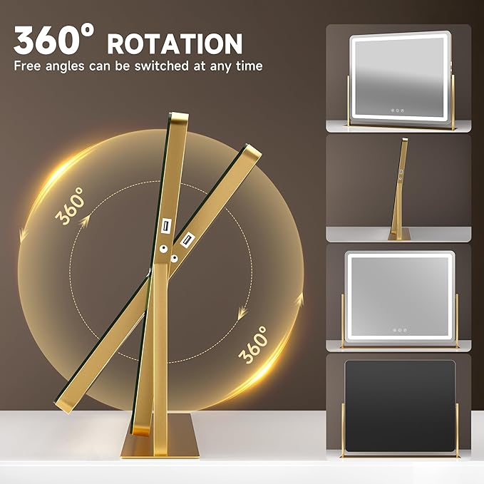 Hasipu Vanity Mirror with Lights, 24" x 18" LED Makeup Mirror, Light up Mirror with 5X Magnification and Phone Holder, USB Charging Port, Smart Touch 3 Colors Dimmable, 360° Rotation (Gold)