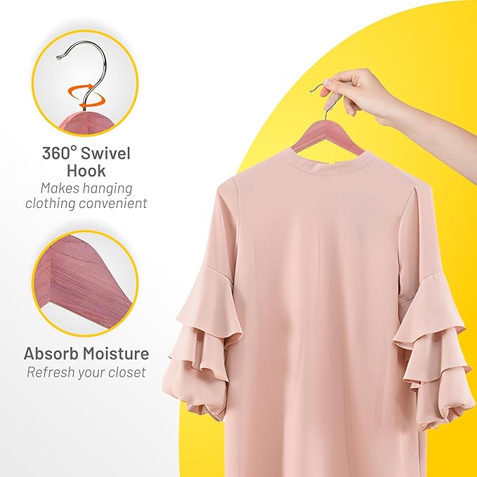 Cedar Hangers for Closet - 5 Pack Extra Wide Wooden Hangers for Suits, Coat, Dress, Jacket, Clothes Storage - Non Slip Foam Padded Pant Bar with 360° Swivel Hook, Aromatic American Cedar Wood