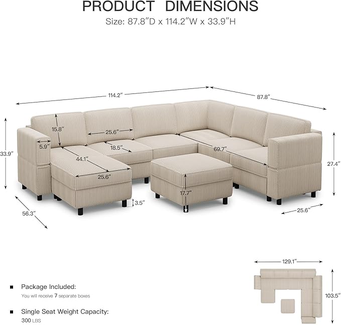 Modular Sectional Sofa U Shaped Couch with Storage Ottoman Corduroy Sectional Couch for Living Room, Beige