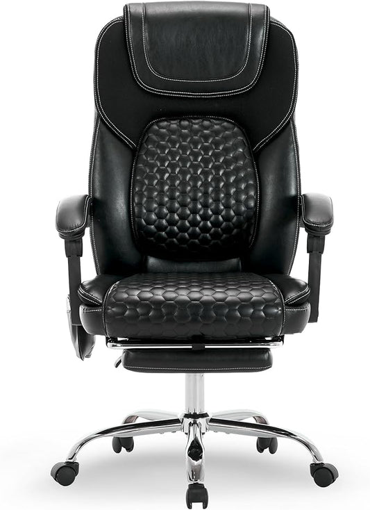 Executive Office Chair with Massage and Heat, Ergonomic Reclining Desk Chair with Footrest, Big and Tall High-Back Leather Computer Chair with Wheels, Adjustable Managerial Chair, Supports 300 lbs