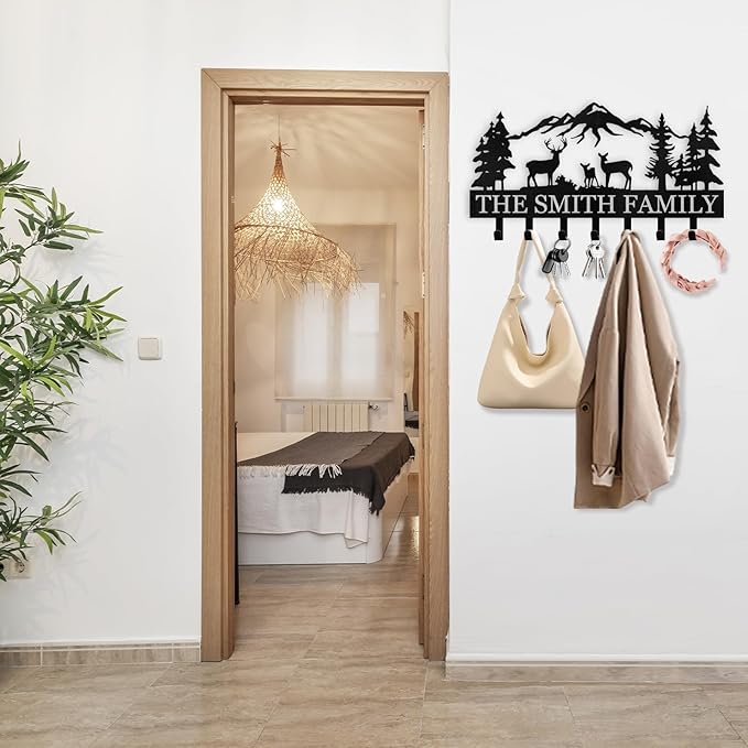 Personalized Key Holder for Wall - Metal Key Hooks for Wall Organizer, Deer Forest Theme Key Rack Wall Mount, Key Hanger Organizer for Kitchen, Entryway, Hallway, Office Decor