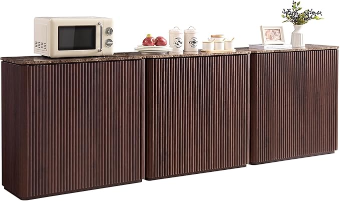Fluted 2 Doors Sideboard Cabinet with Storage-Wooden Credenza w/Shelves, Faux Marble-Top Coffee Bar Console Table, Modern Buffet Cabinet for Dining, Kitchen, Living Room, Entryway, Dark Oak, 3pcs