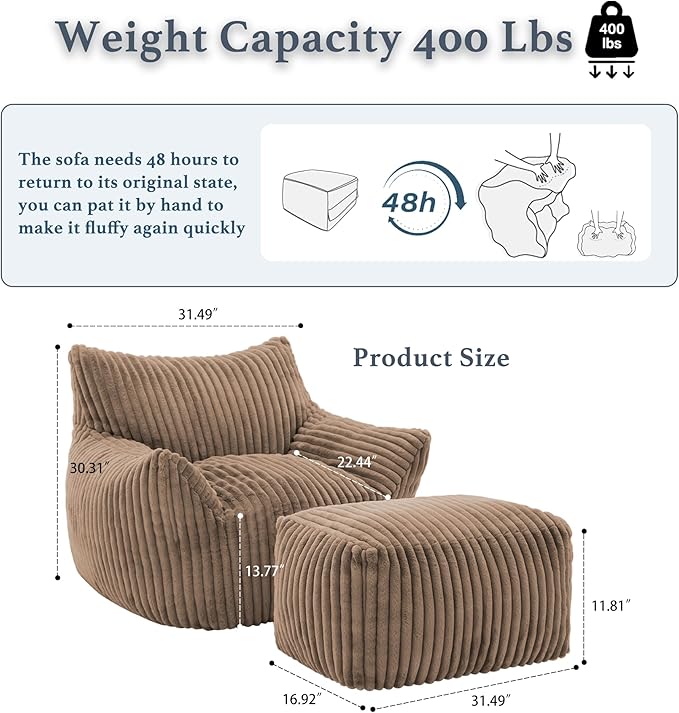 Oversized Bean Bag Chaise Lounge Chair Indoor for Adults with Armrests & Ottoman - Giant Comfy Khaki Beanbag Floor Sofa Cloud Accent Chair for Reading, Gaming, Cozy Plush Cloud Mini Couch